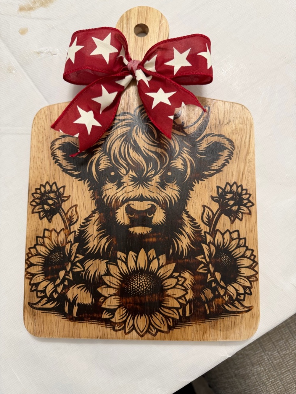 Wooden Cutting/Decor Board with Cow & Sunflower Engraving - Red Star Bow